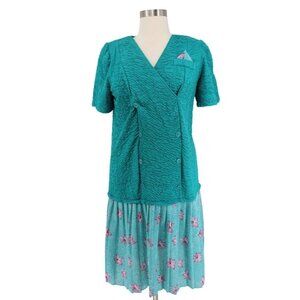 Vintage 80s Whispers Of California Green Double Breasted Faux Wrap Dress Size 16